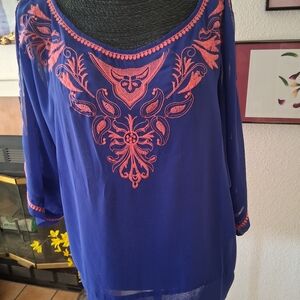 Blue Rain Royal Blue Blouse with Coral Embroidery